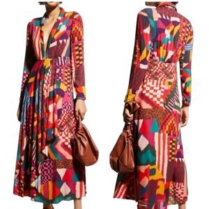 FARM RIO Red Abstract Patches Maxi‎ Dress Long Sleeves 293329 Women's XS NWT